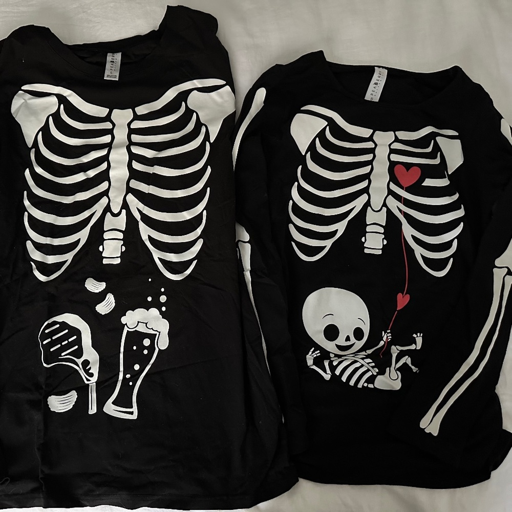 His and Hers pregnancy Halloween skeleton shirts